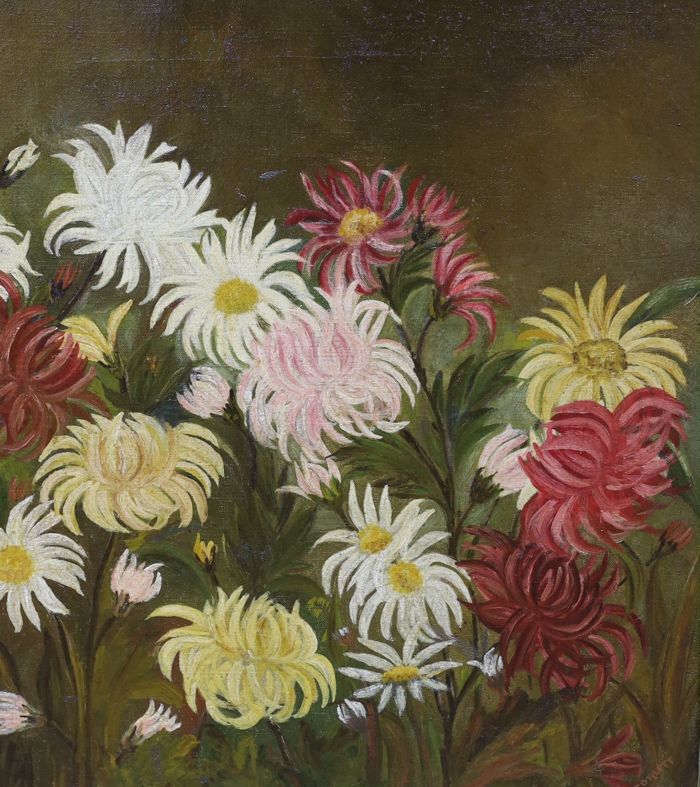 F.C. Stewart (19th C.), oil on canvas, Still life of chrysanthemums, signed and dated 1882, 31 x 42cm and a similar oil, signed Coblett, 39 x 34cm